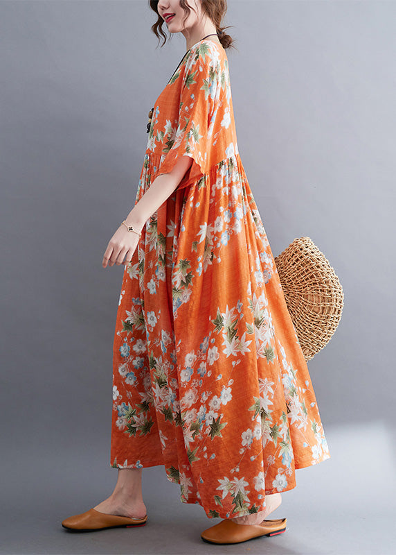 Floral Print Round Neck Elbow Sleeve Empire Waist Crinkled Textured Woven Maxi Dress