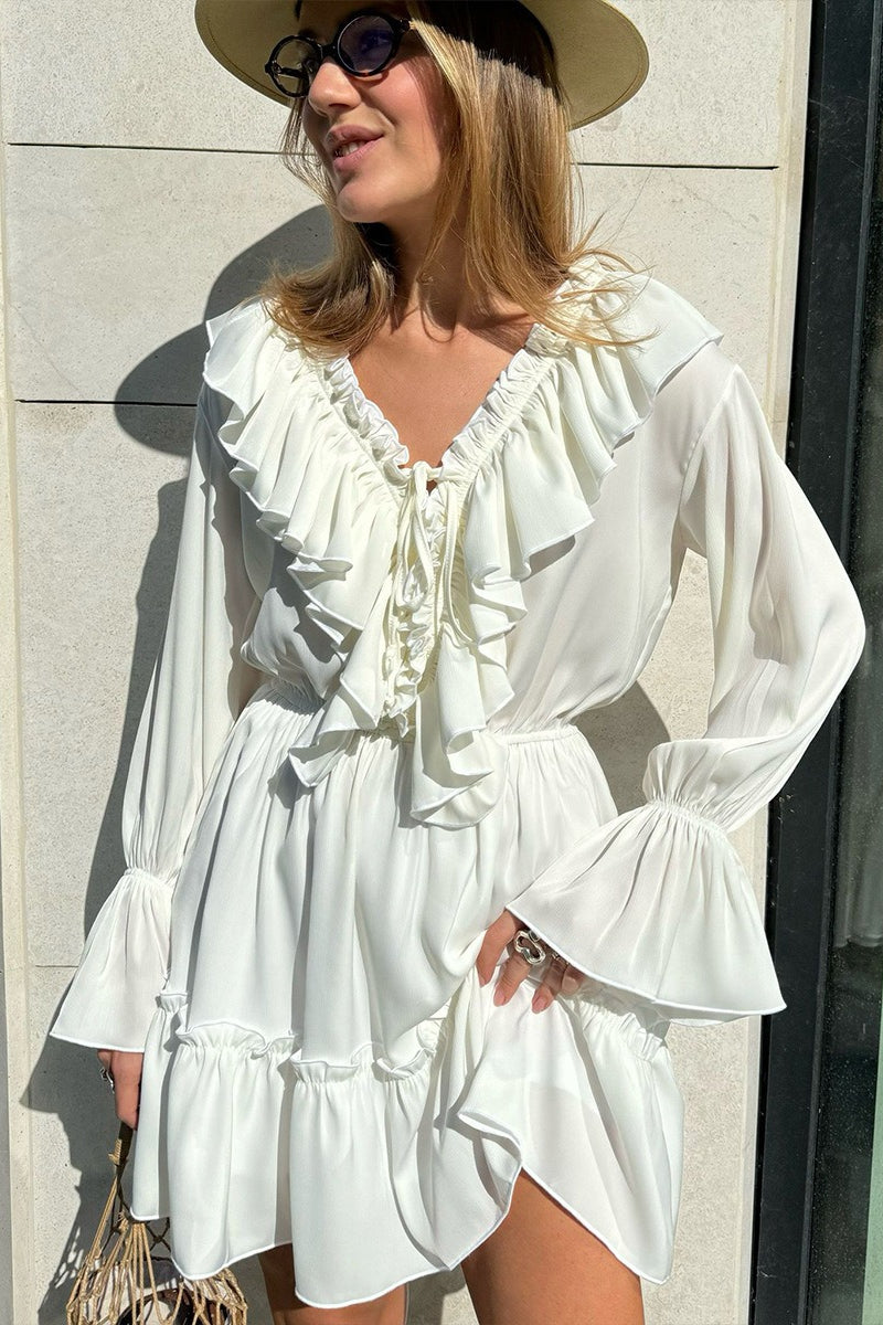 Chiffon V Neck Flared Sleeve Mini Dress - View 8