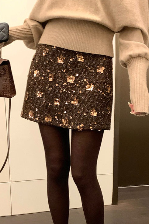 Embroidered Sequin High Waist A-Line Skirt