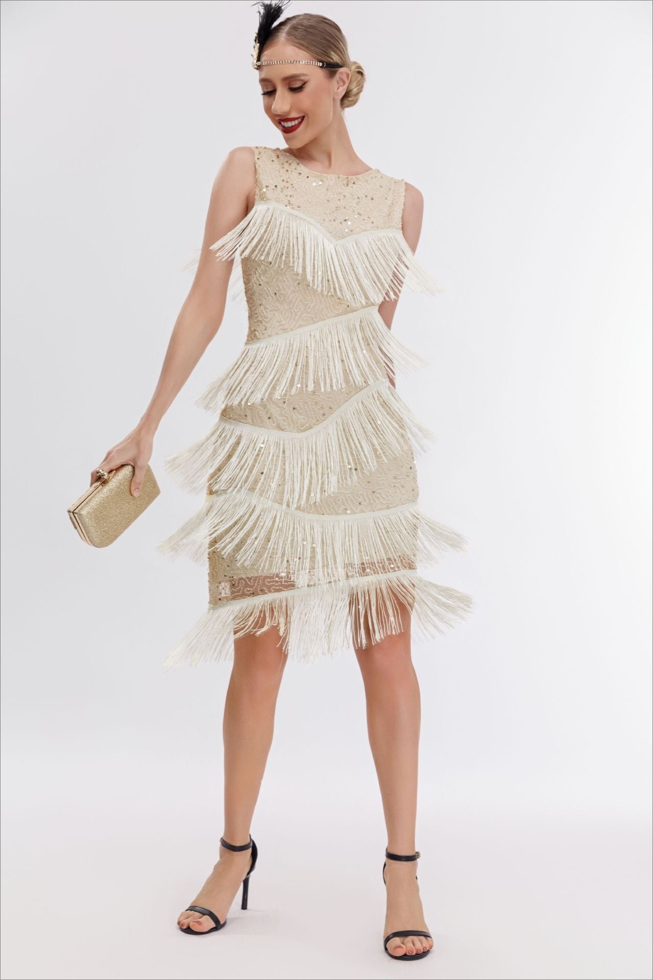 Sequin Beaded Tiered Fringe Sleeveless Shift Mini Cocktail Dress