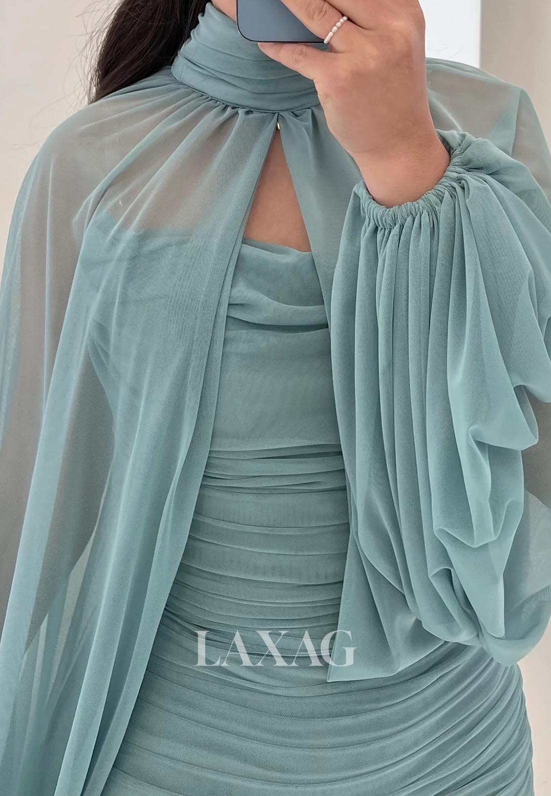 High-Neck Long-Sleeves Mermaid Evening Dress Pleated Sheer Tulle Floor-Length Formal Gowns