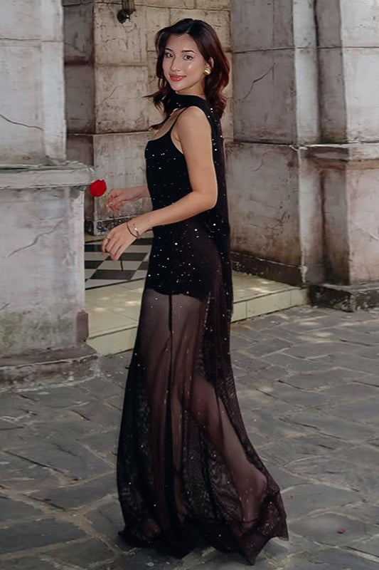 Sequin Spaghetti Strap Scoop Neck High Split Slip Maxi Dress