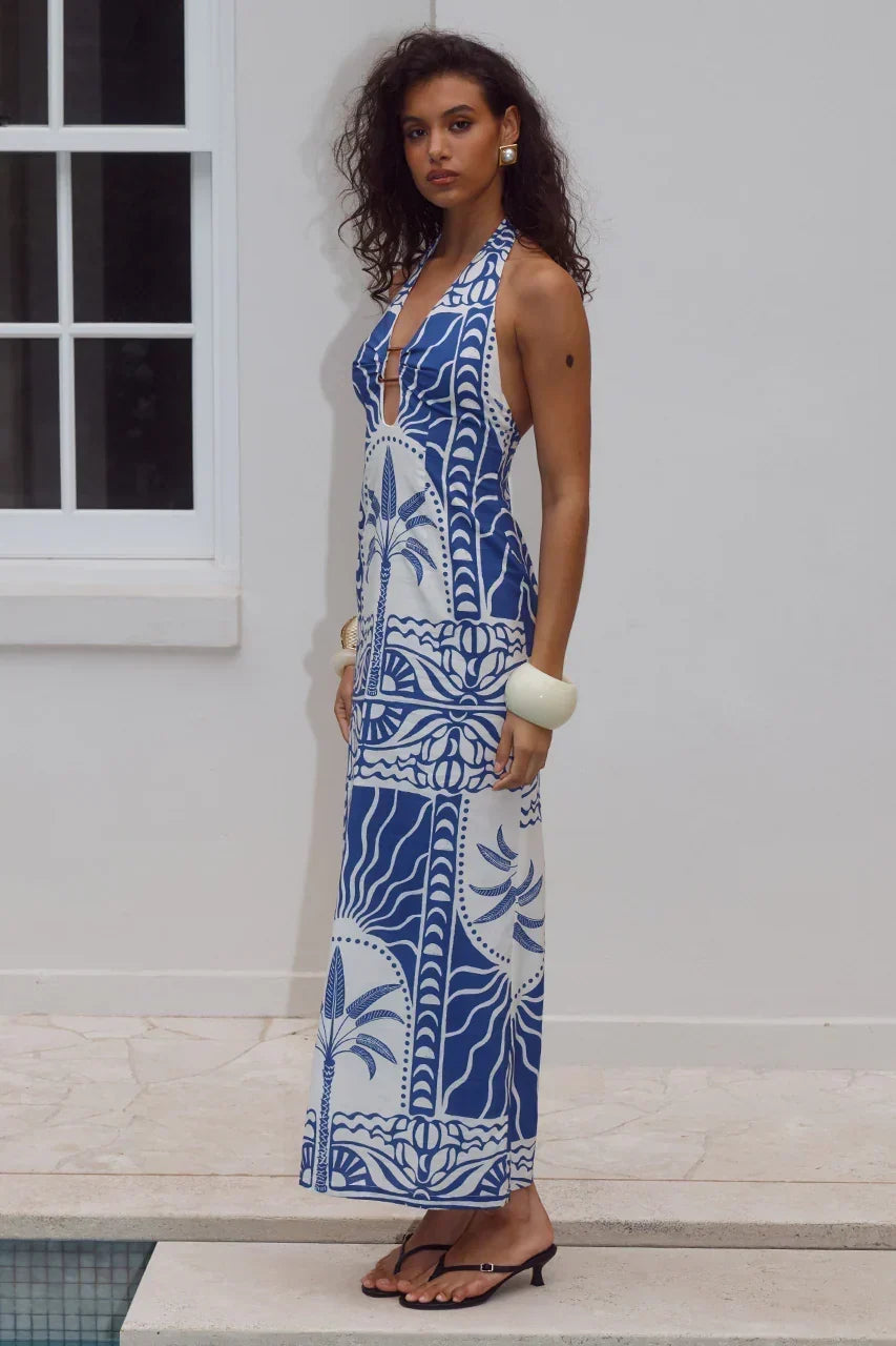 Tropical Print Plunge Halter Neck O-Ring Maxi Dress 3
