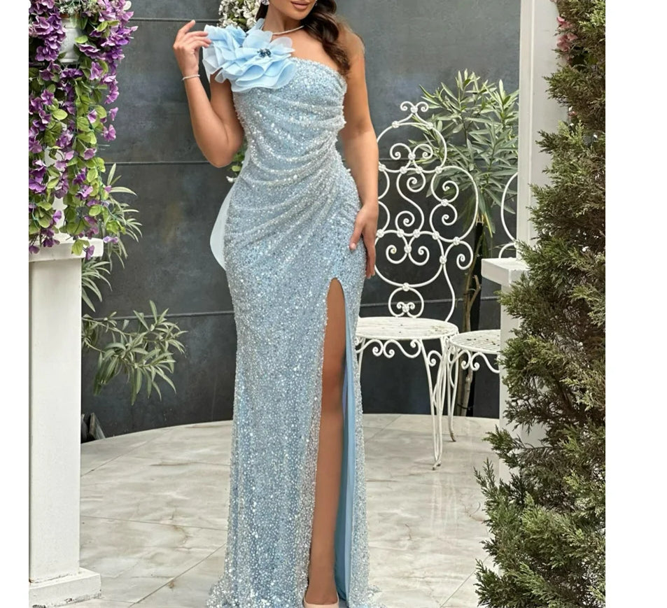 Sequin One Shoulder Ruched High Split Floral Applique Maxi Prom Gown