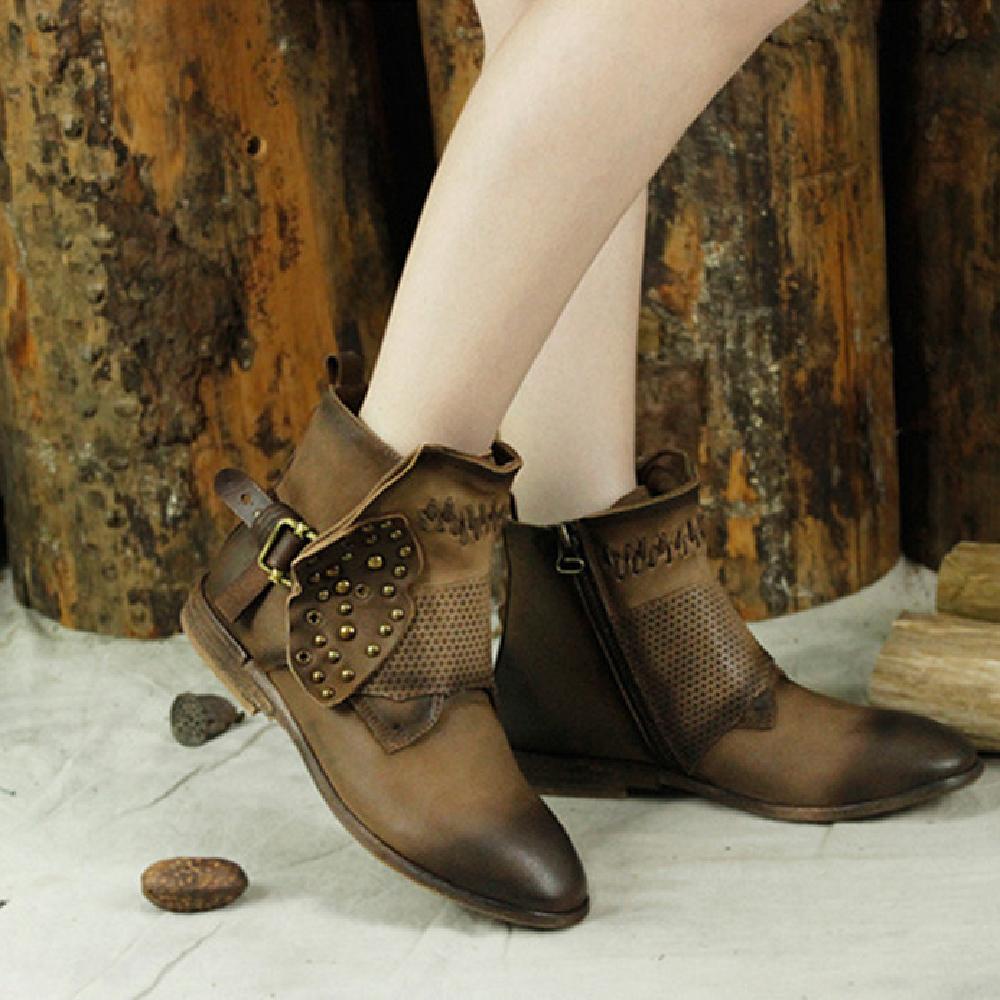 Women Booties Sheepskin Leather Short Ankle Boots For Women Low Heel Brown