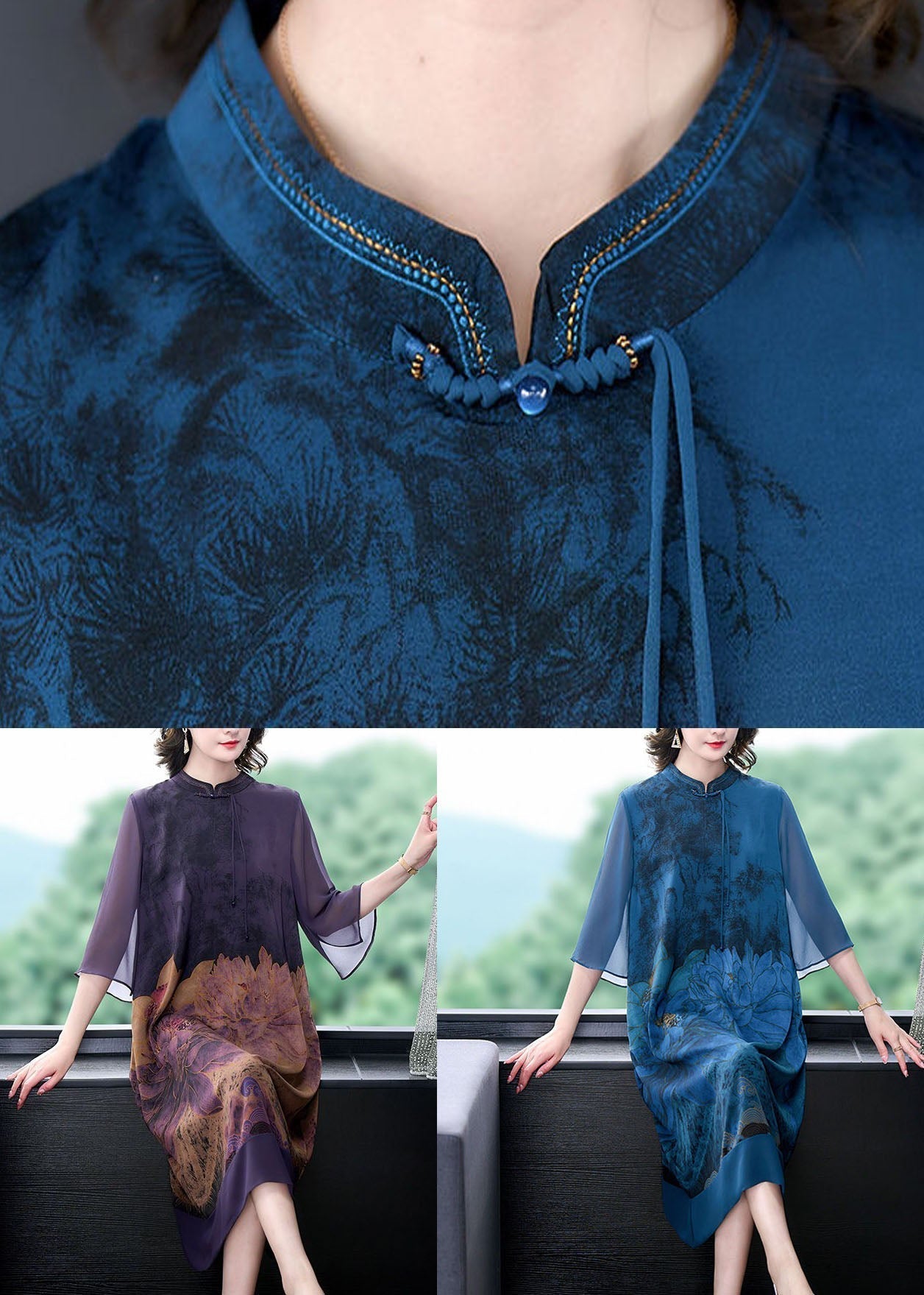 Mandarin Collar Keyhole Sheer Bell Sleeve Floral Print Midi Dress