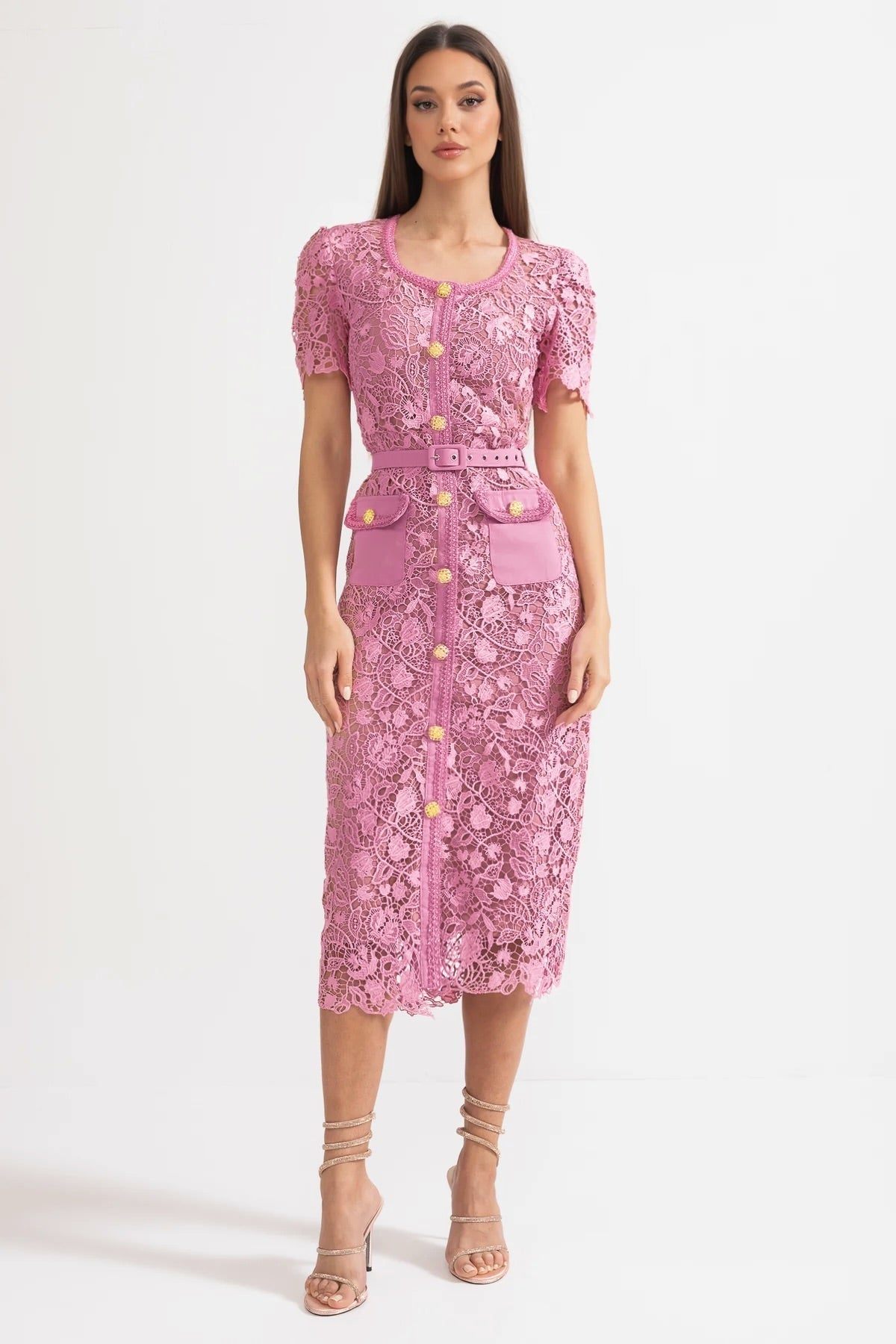 Lace Square Neck Short Sleeve Flap Pocket Jewel Button Belted Midi Dress 4
