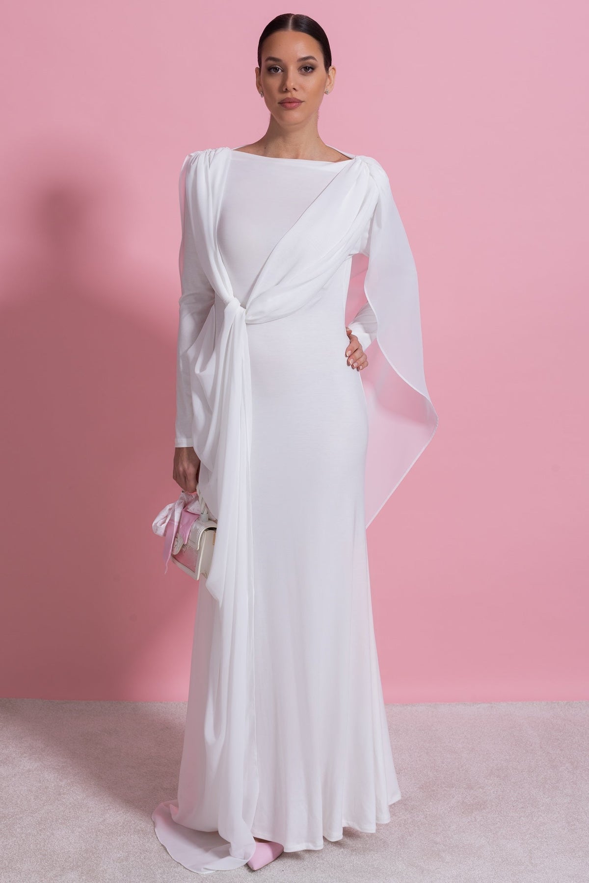 Boat Neck Long Sleeve Draped Knot Front Sash Maxi Dress 4