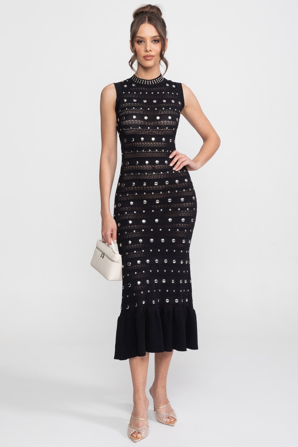 Studded Open Knit Sleeveless High Neck Ruffle Hem Midi Dress 2