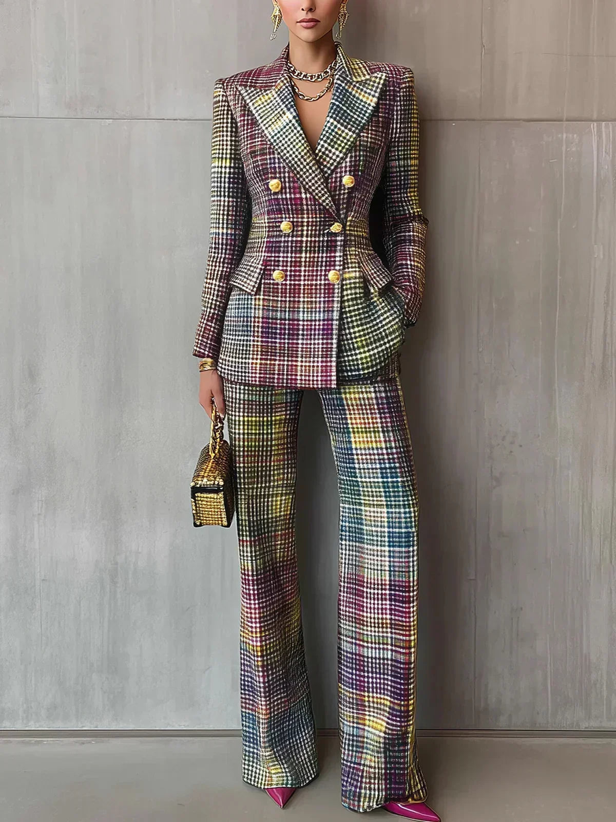 Plaid Double Breasted Blazer and Wide Leg Pants Two Piece Suit Set