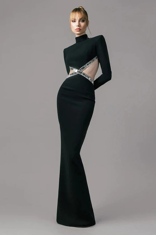 Crystal Trim Cut Out Crepe Maxi Dress - View 4