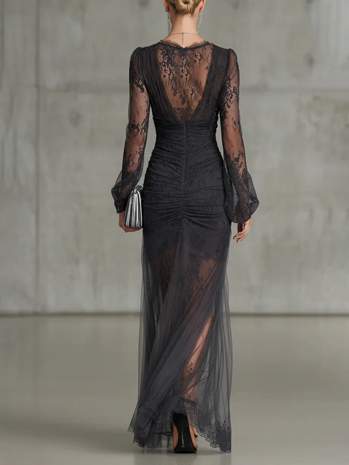 Lace Deep V-Neck Long Sleeve Ruched High Split Maxi Gown