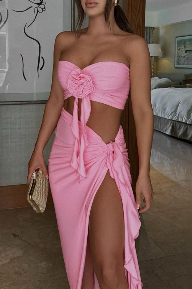 Strapless Rosette High Split Ruffle Two Piece Set 4