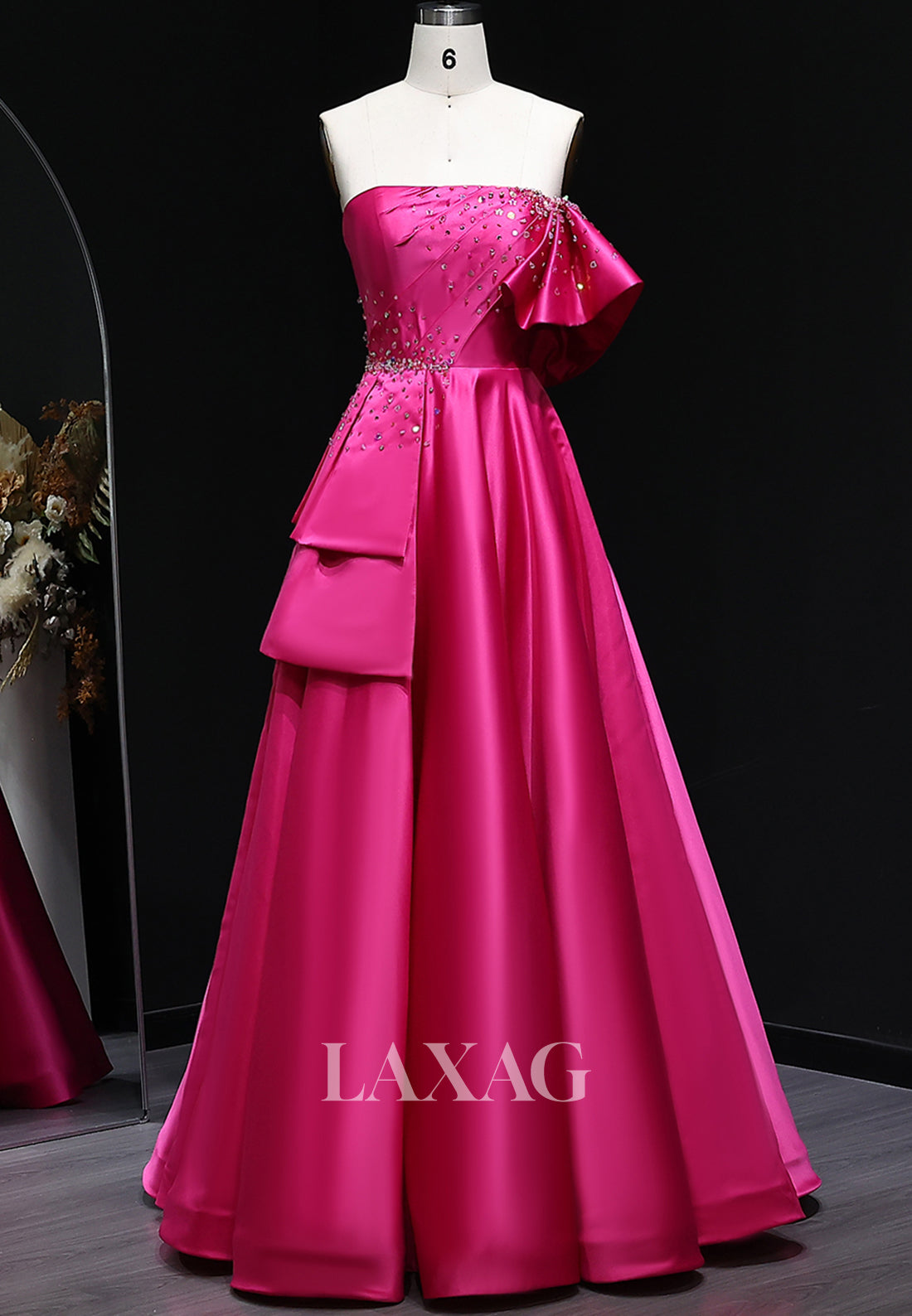 Tube Top Beaded Pleated Satin Formal Gowns Sleeveless Floor-Length A-Line Evening Dress