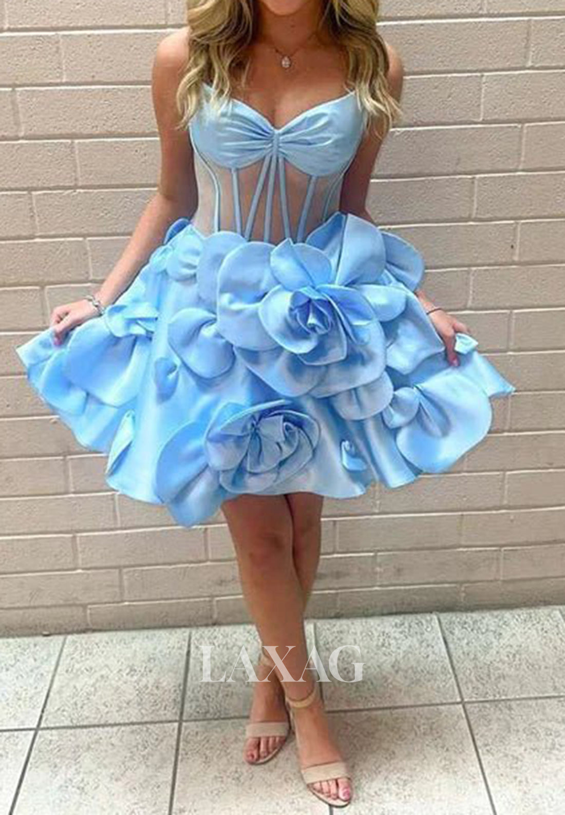 Spaghetti Straps Sweetheart Sleeveless Floral Embellished Pleated A-Line Homecoming Dress