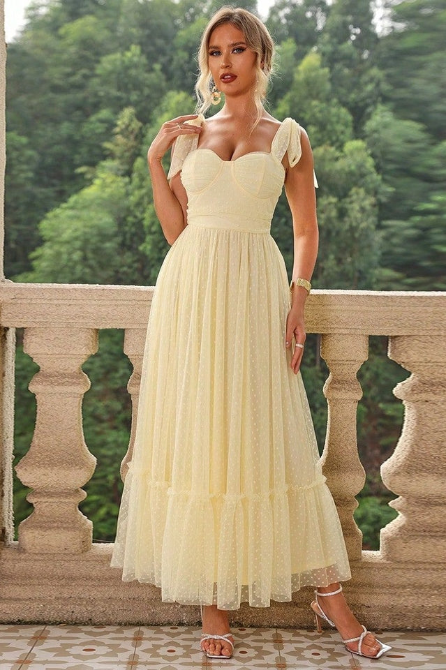 Tulle Swiss Dot Bustier Sweetheart Tie Shoulder Tiered Ruffle Maxi Dress