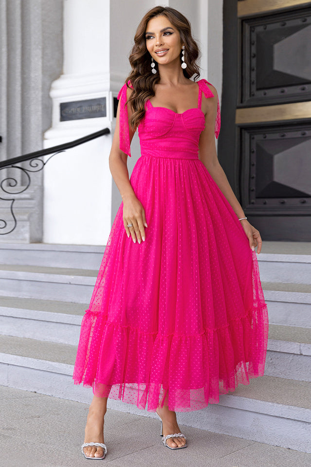 Tulle Swiss Dot Bustier Sweetheart Tie Shoulder Tiered Ruffle Maxi Dress