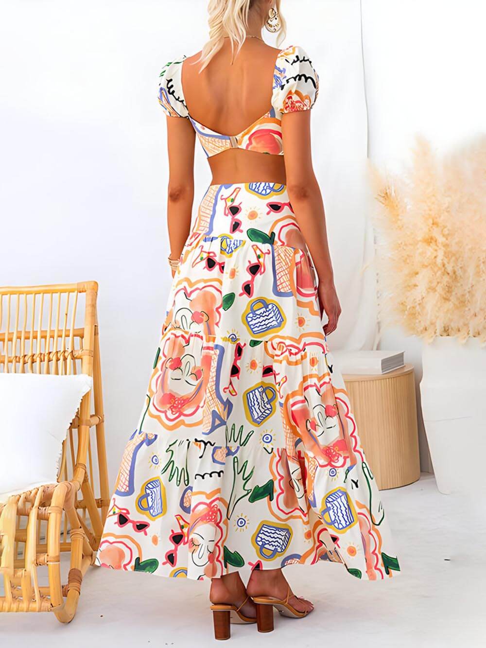 Printed Top And Graceful Wrap Skirt Two-Piece Suit