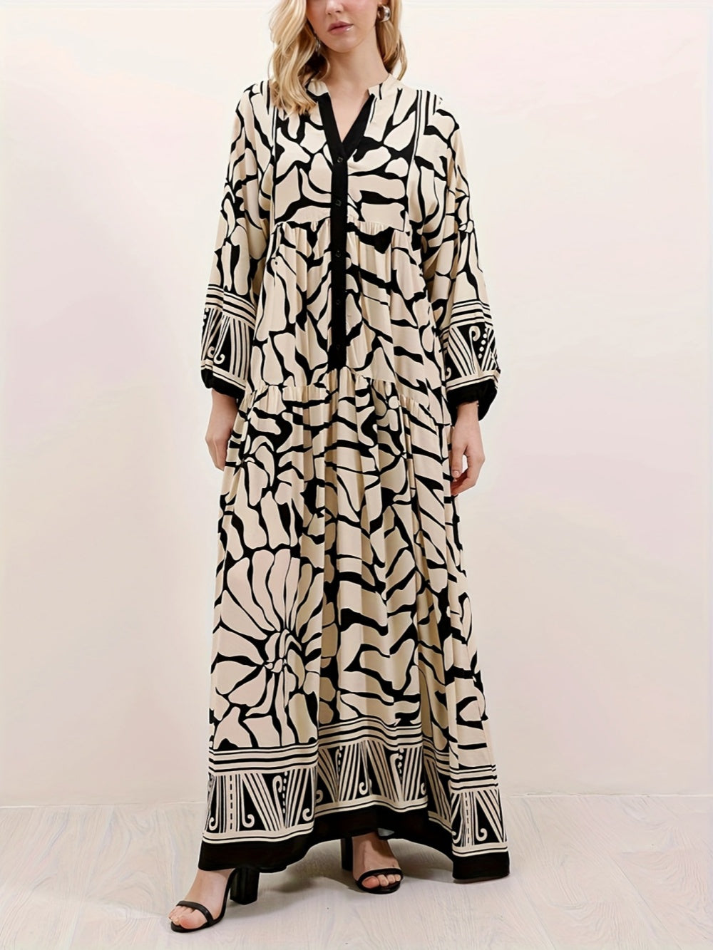 Printed lantern sleeves loose dress Khaki