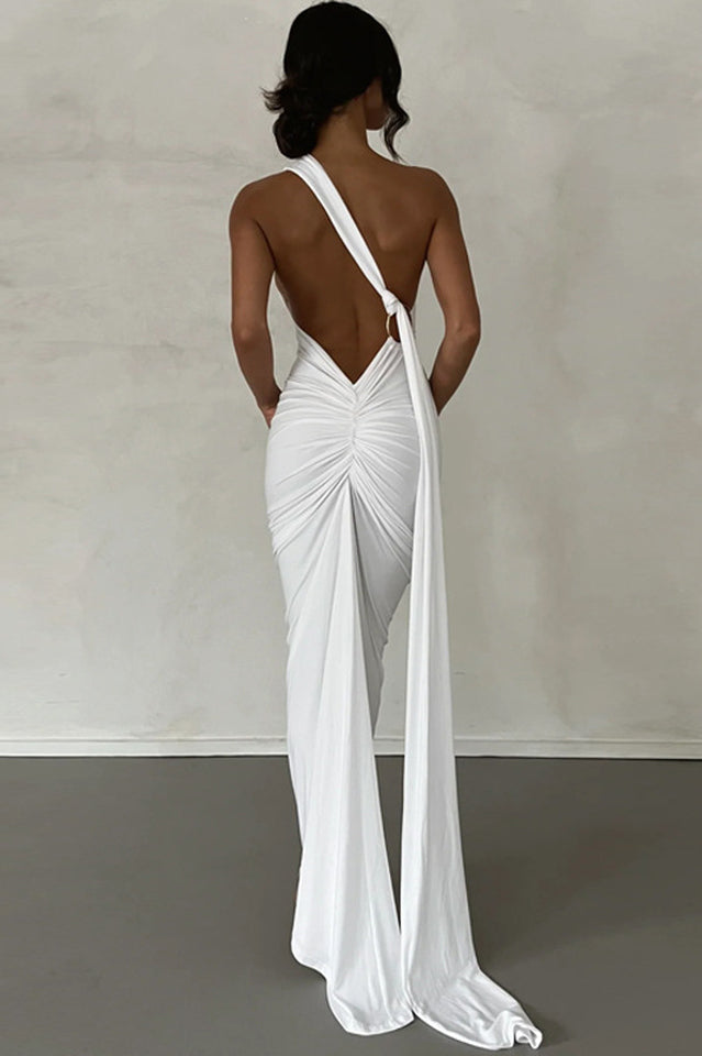 One Shoulder Ruched Open Back Trailing Sash Floor Length Gown