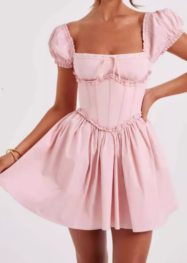 Off Shoulder Puff Sleeve Corset Ruffle Trim Fit and Flare Mini Dress
