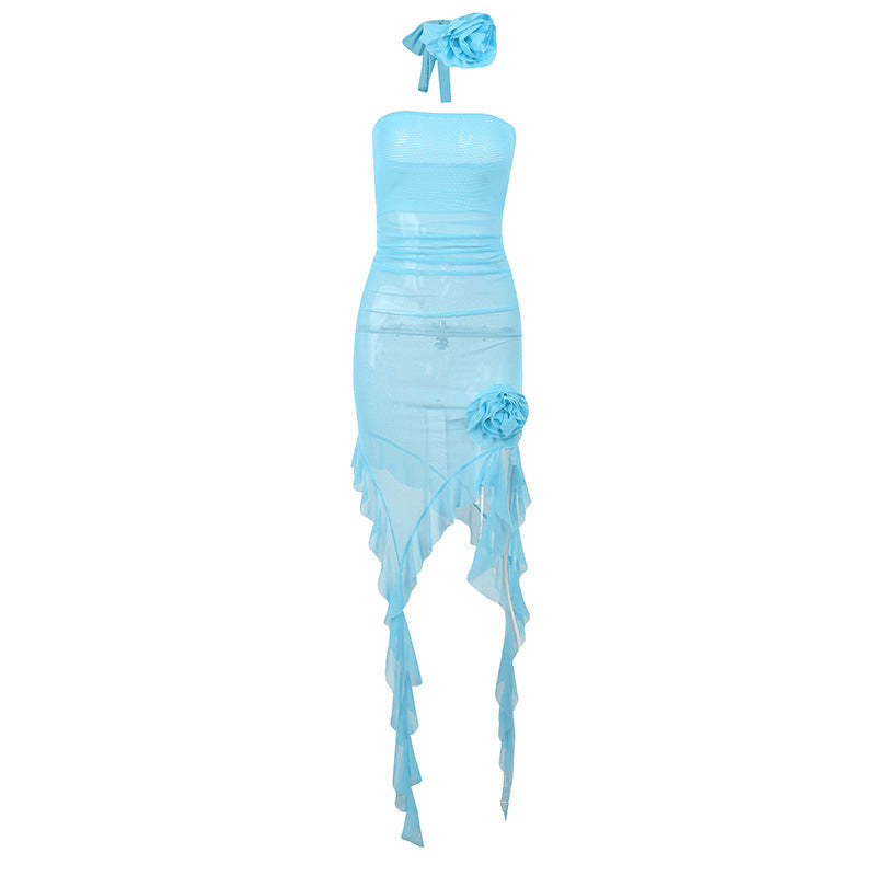 Mesh Halter Neck Floral Applique Ruffle High Low Midi Dress