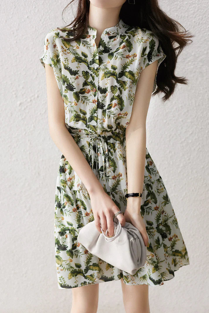 Tropical Floral Print Mandarin Collar Button Front Drawstring Tiered Maxi Dress