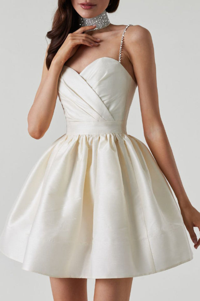 Rhinestone Strap Sweetheart Surplice Box Pleated Fit and Flare Mini Cocktail Dress