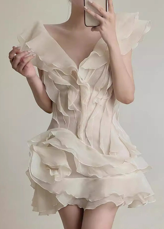 Organza Layered Ruffle V-Neck Cap Sleeve Tiered Mini Dress