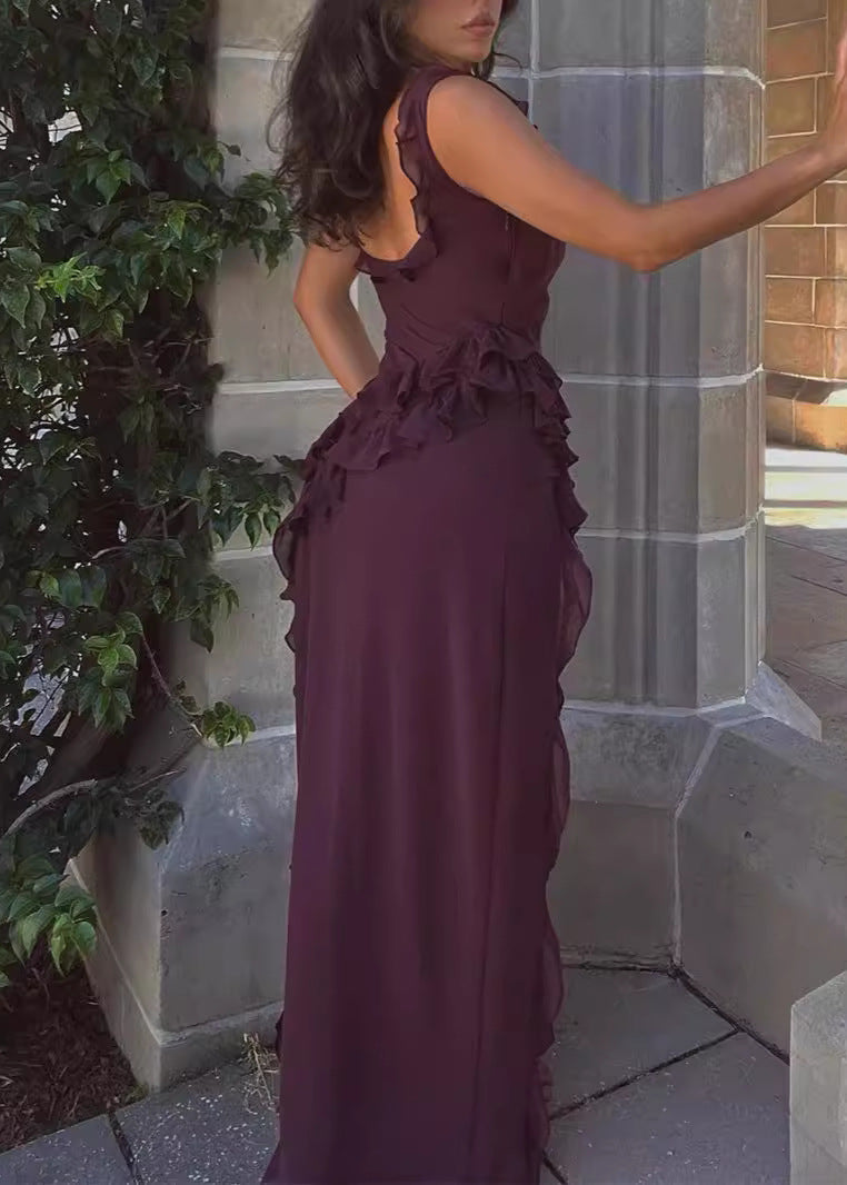 Square Neck Ruffle Strap Diagonal Ruffle High Split Maxi Gown