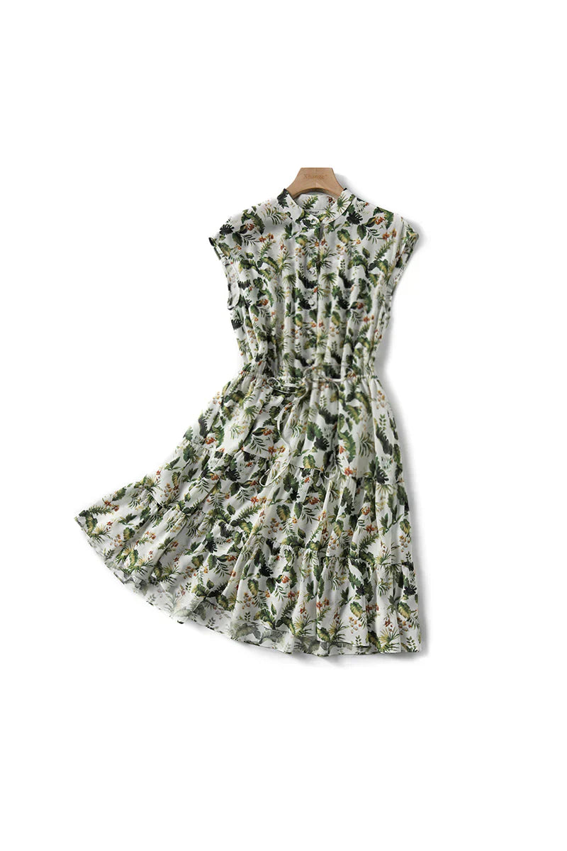 Tropical Floral Print Mandarin Collar Button Front Drawstring Tiered Maxi Dress