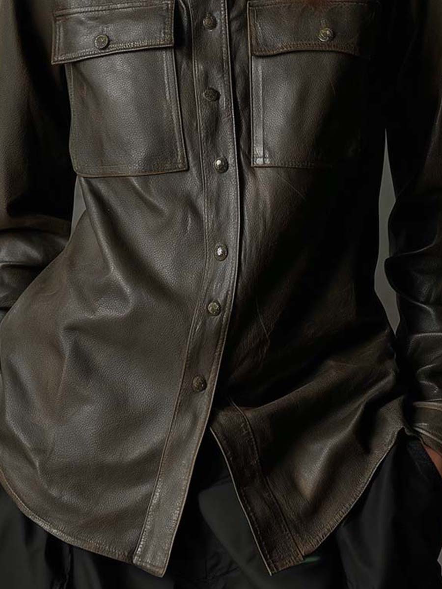 Dark Olive PU Leather Utility Shirt