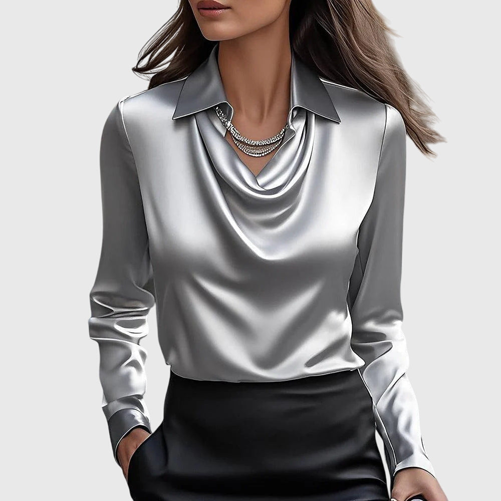 Collared Cowl Neck Long Sleeve Satin Blouse
