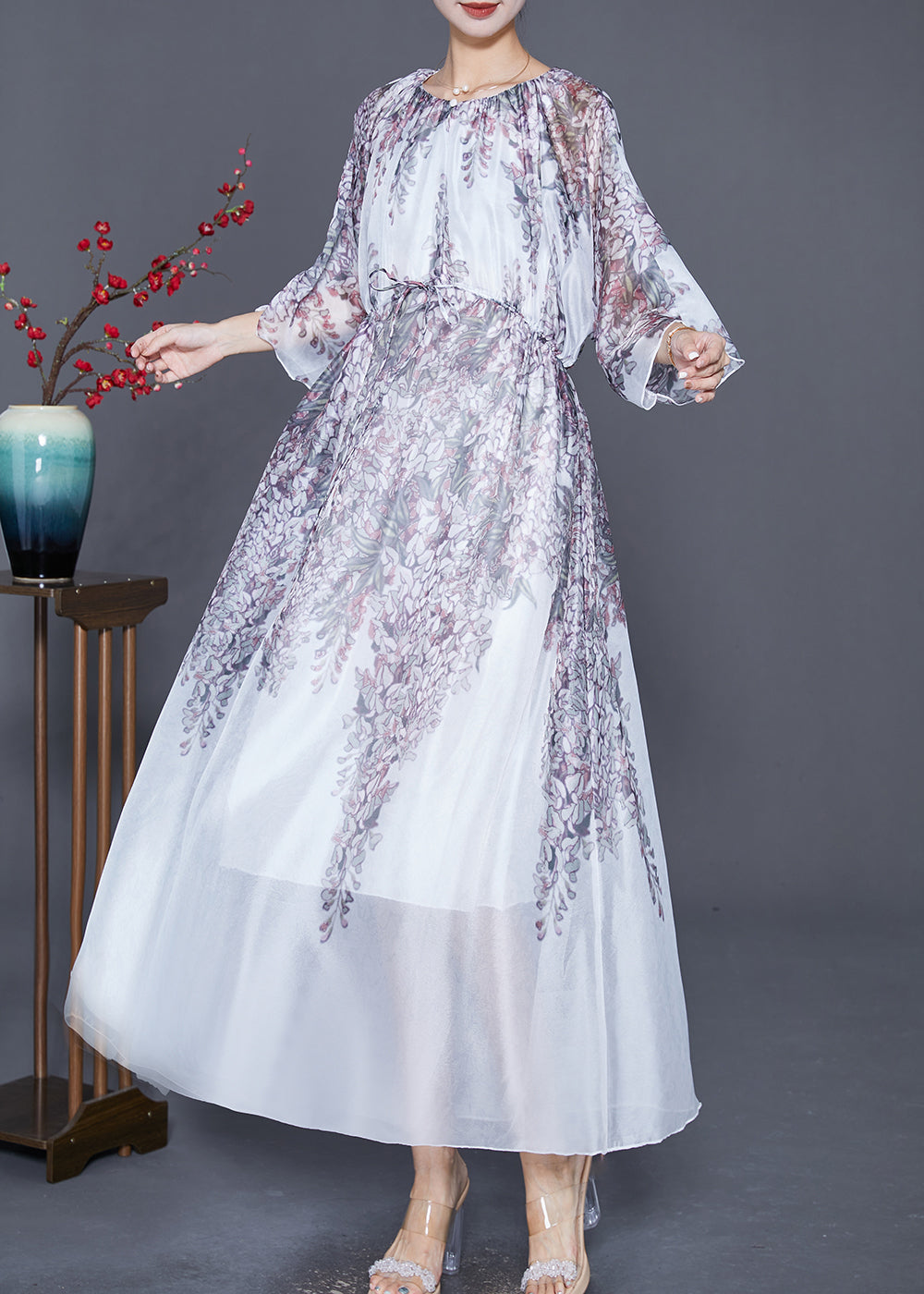 Wisteria Floral Print Sheer Chiffon Three Quarter Sleeve Drawstring Waist Maxi Dress