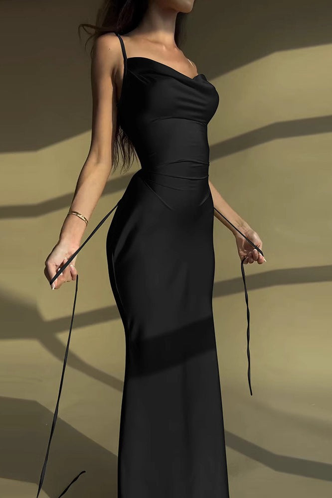 Solid Tie Waist Spaghetti Strap Slim Fit Prom Dress