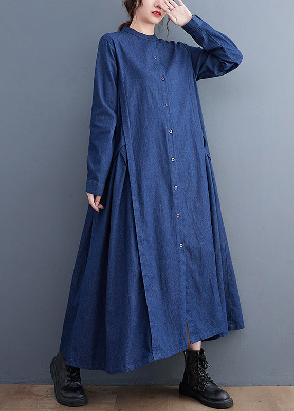 Denim Mandarin Collar Button Front Pleated Side Panel Long Sleeve Maxi Dress