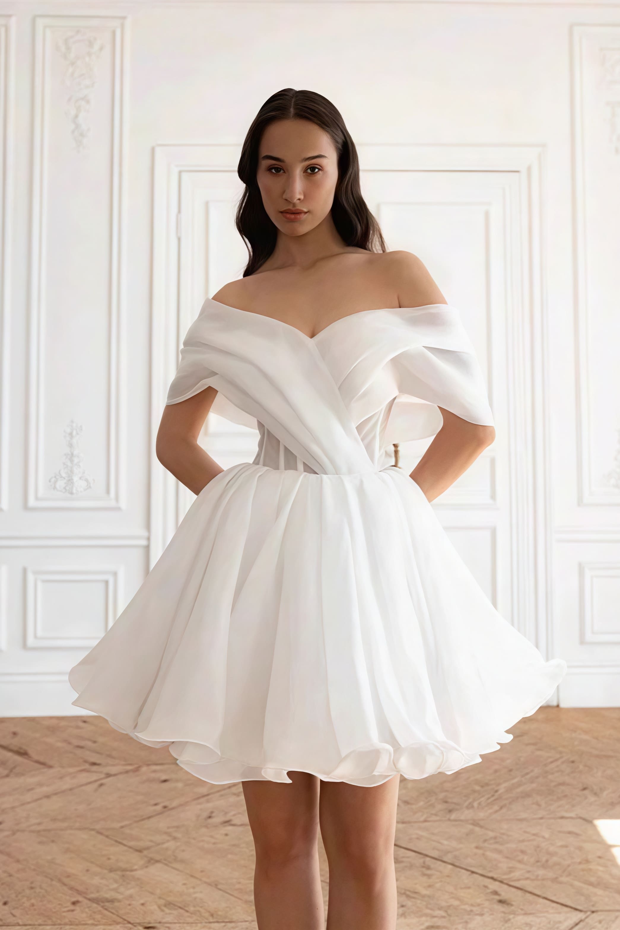 Elegant Cross Ruched Off Shoulder Short Reception Dress