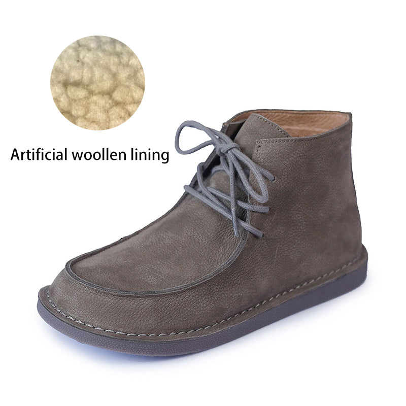 Genuine Leather Soft Flat Boots For Women Round Toe Lace Up Mori Girl Style Wide Fit Grey/Coffee