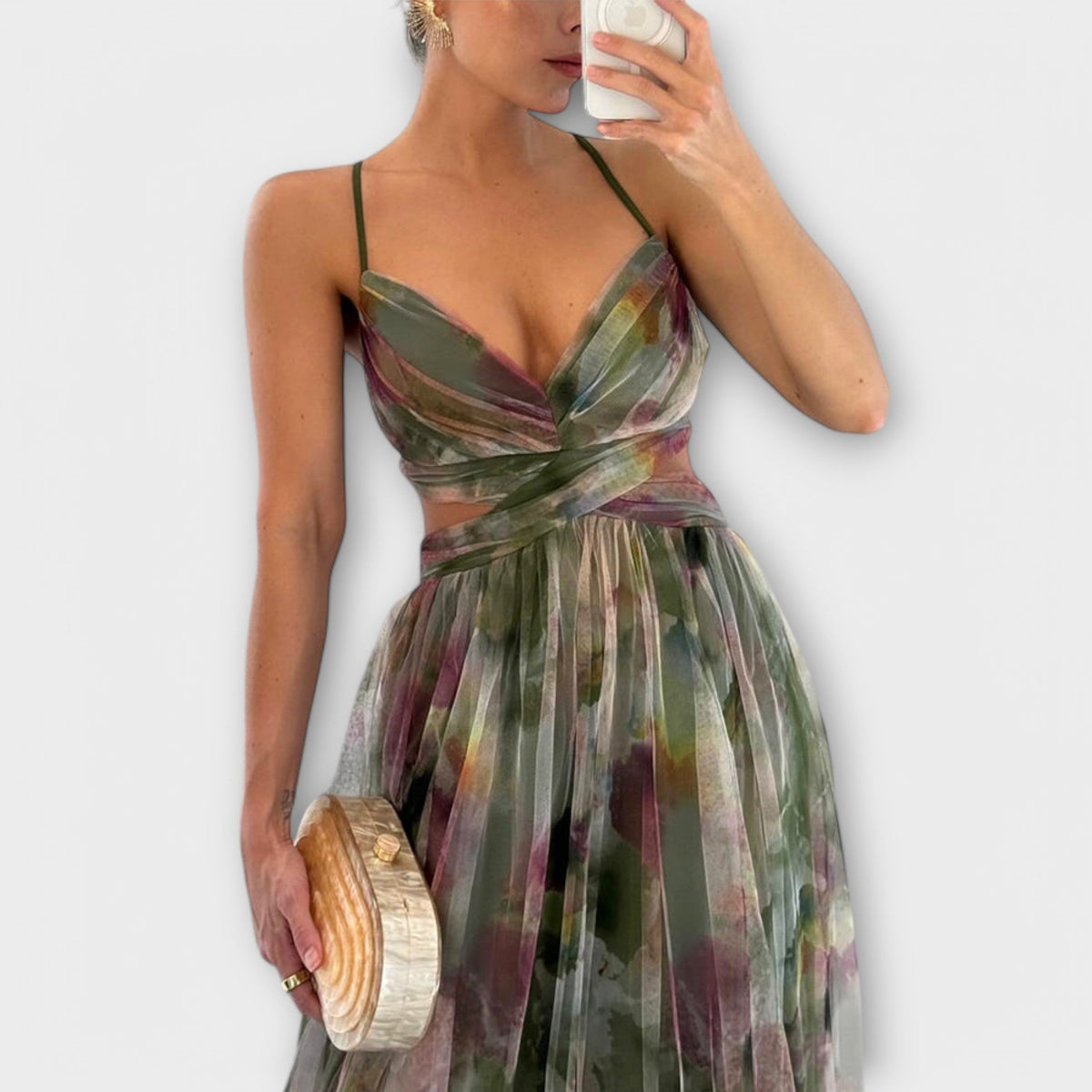 Strapless Sweetheart Floral Print High Split Tulle Maxi Gown
