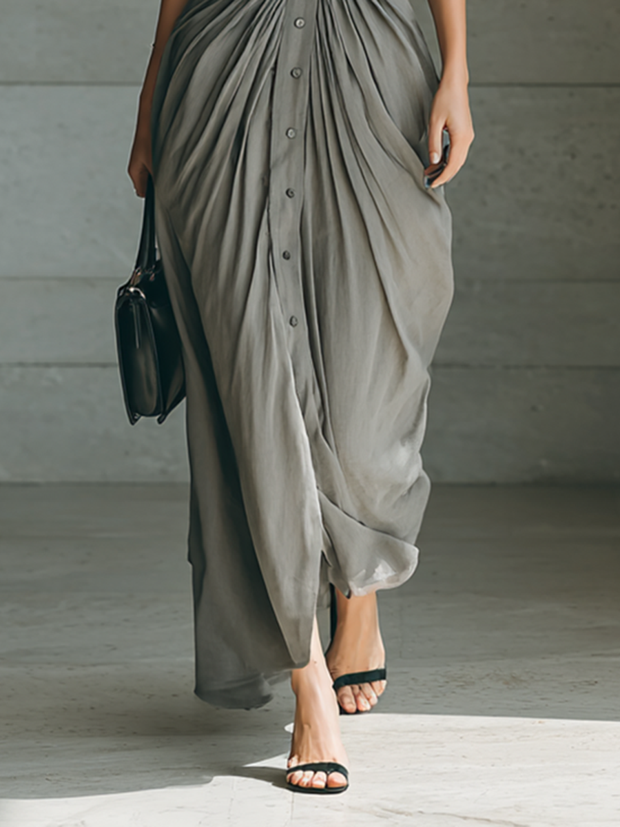 Collared Belted Ruched Long Sleeve Draped Maxi Shirt Dress