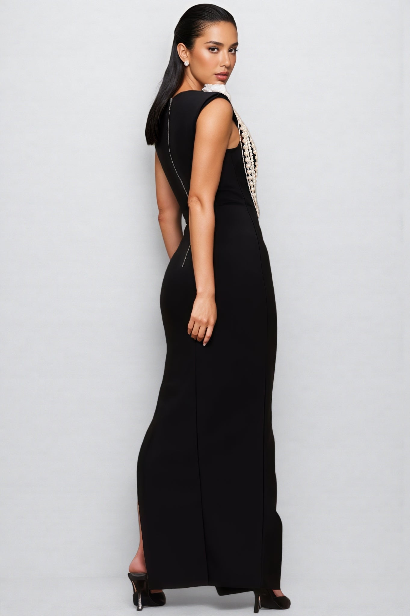 Avra Pearl Beaded Chain 3D Floral Maxi Dress - View 4