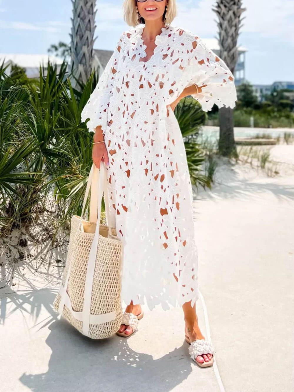 Cover Up Lace Beach Midi Dress White One size