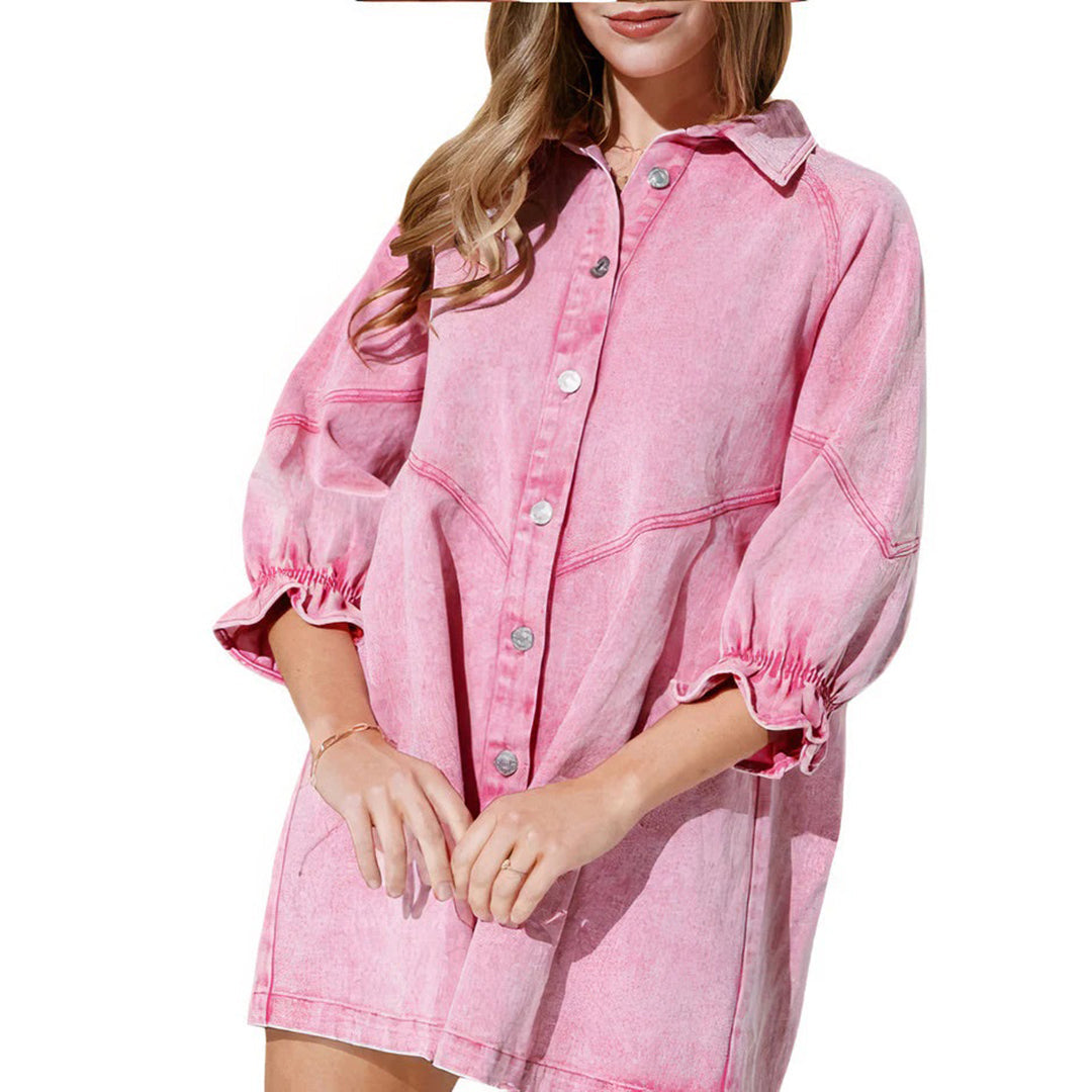 Denim Collared Long Sleeve Button Front Ruffle Cuff Mini Shirt Dress