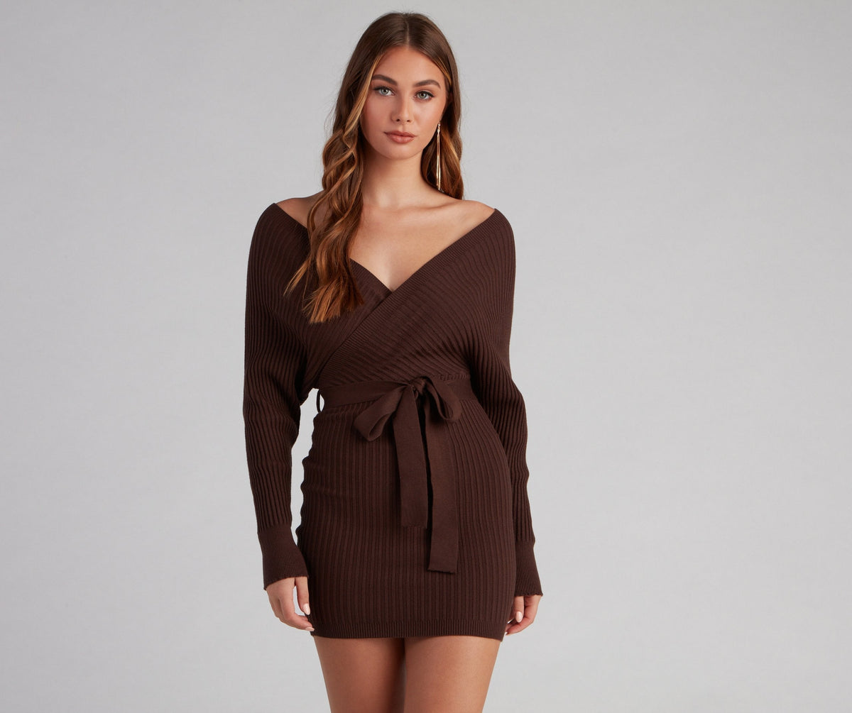 Ribbed Knit Wrap V-Neck Dolman Sleeve Tie Waist Sweater Mini Dress