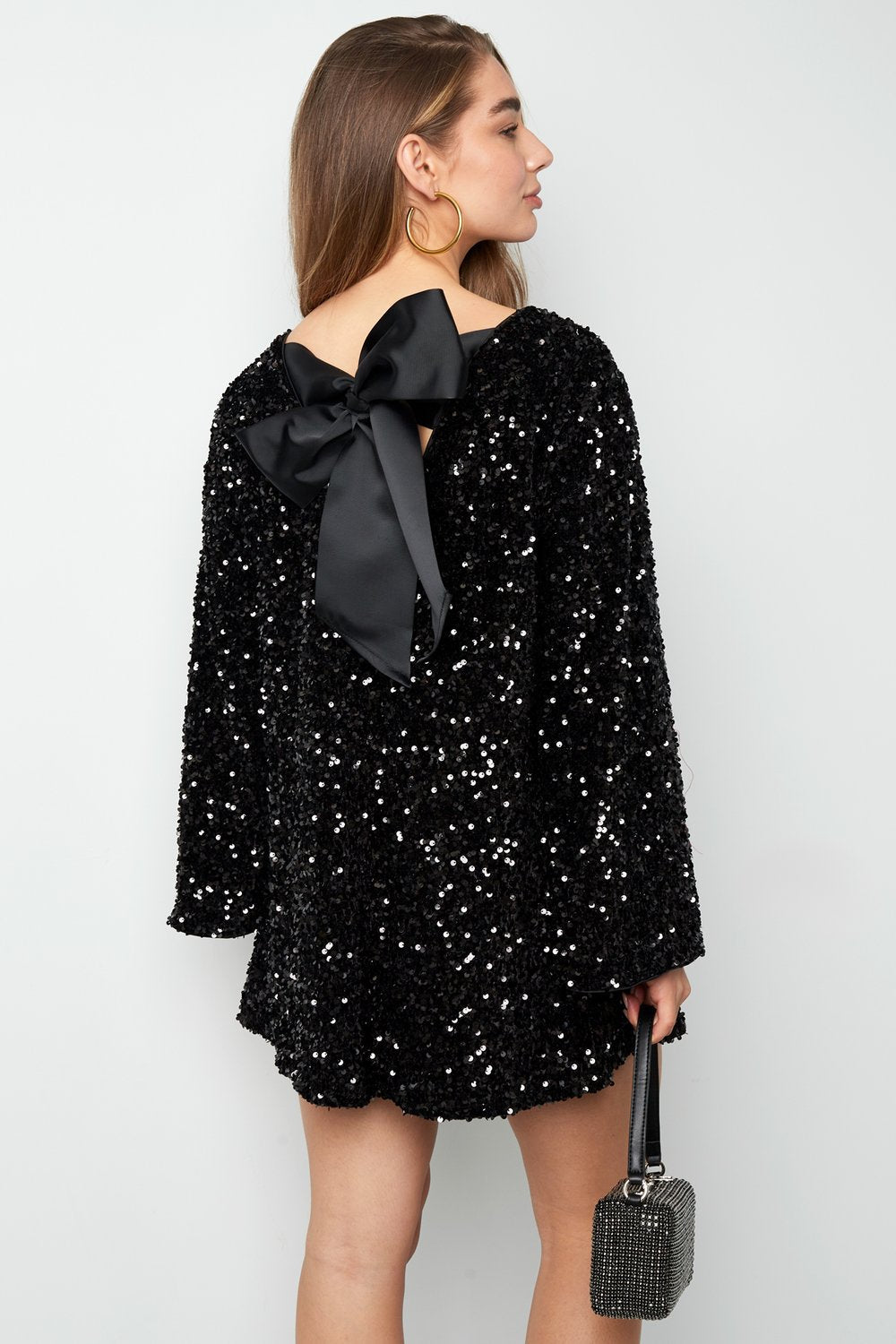 Sequin Long Sleeve Bow Back Mini Dress Party 5