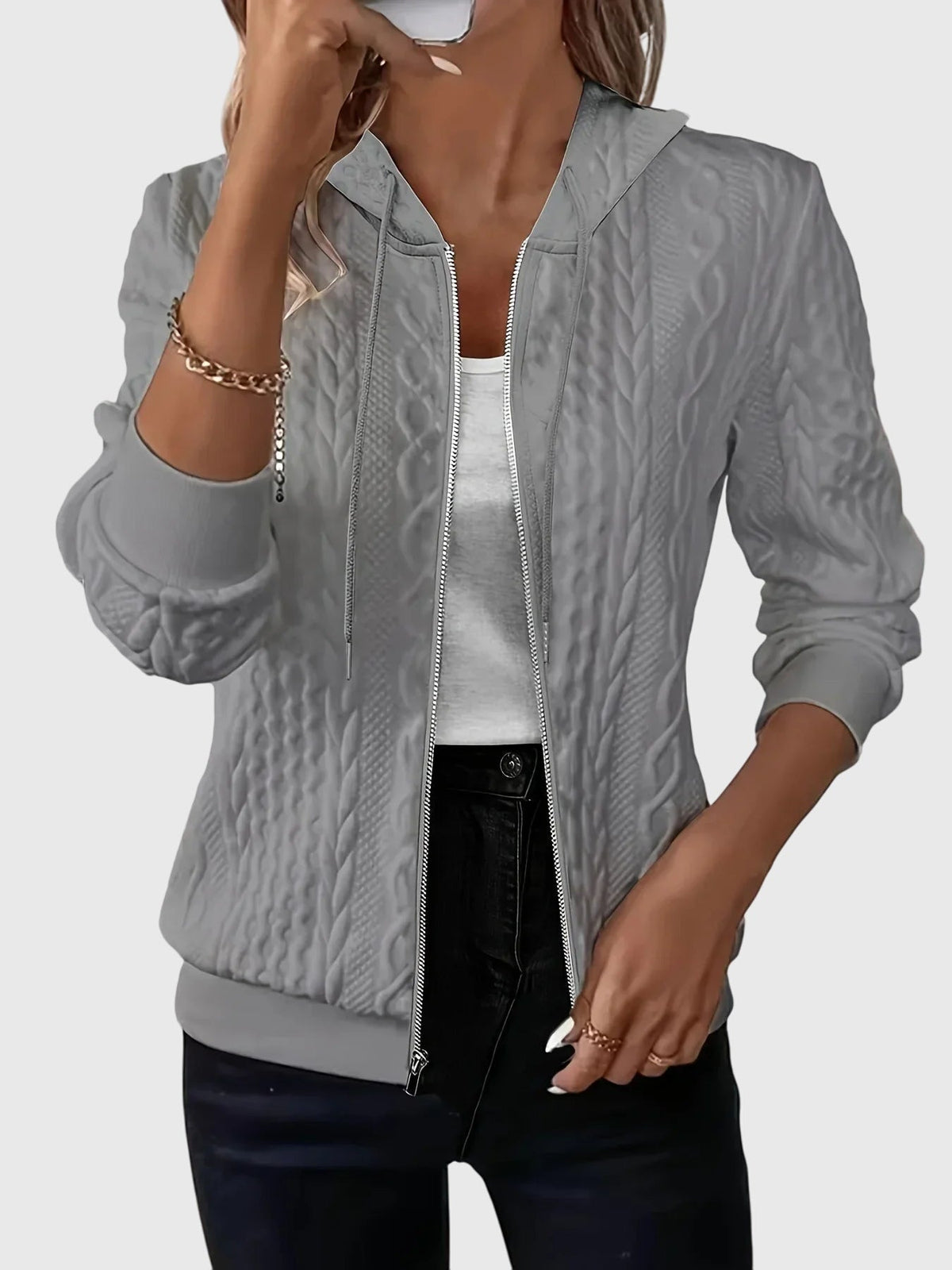 Cable Textured Zip Front Drawstring Hooded Jacket