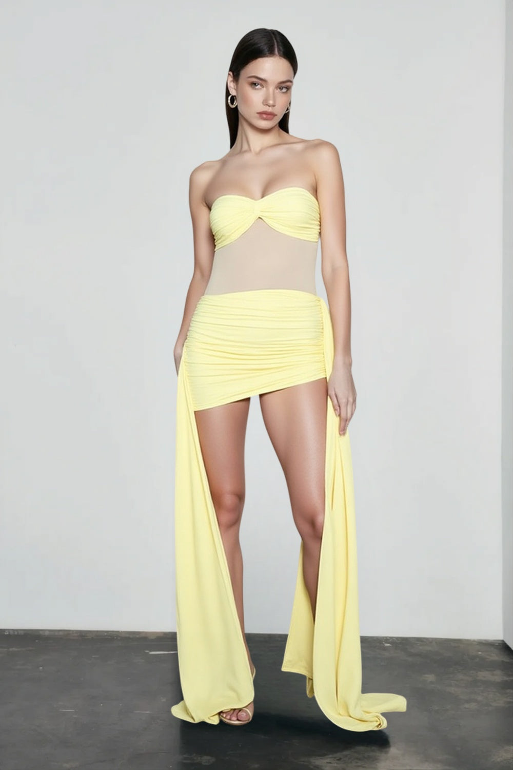 Bustier Backless Ruched Mesh Bodycon Dress