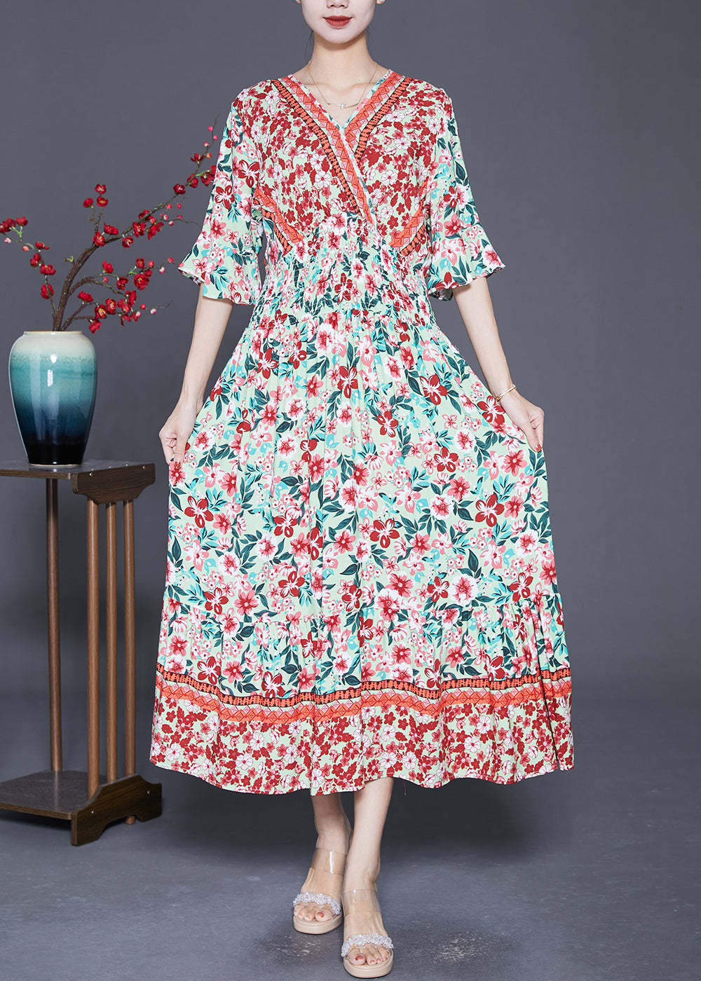 V-Neck Butterfly Sleeve Smocked Waist Border Print Maxi Dress