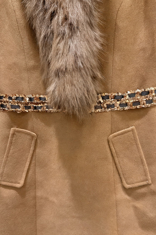 Faux Fur Open-Shoulder Embellished Midi Dress