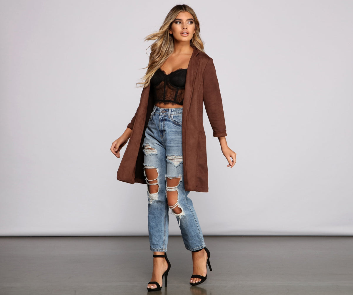 Suede-Look Open Front Long Sleeve Longline Blazer